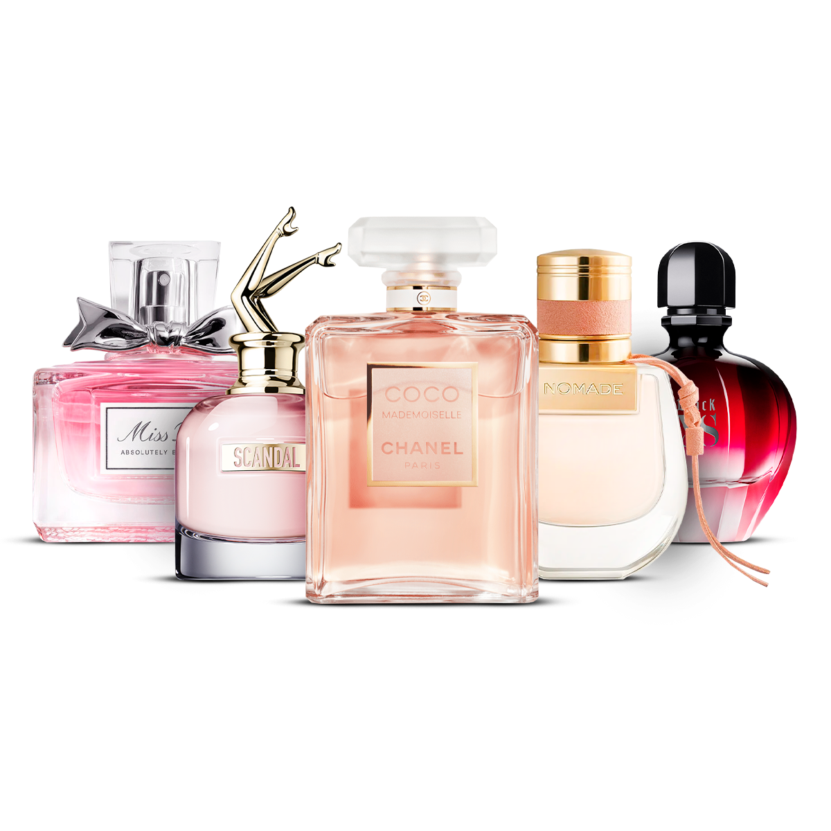 Sada 5 Parfémů – Miss Dior Absolutely Blooming, Scandal, Coco Mademoiselle, Nomade i Black XS [100 ml každý]